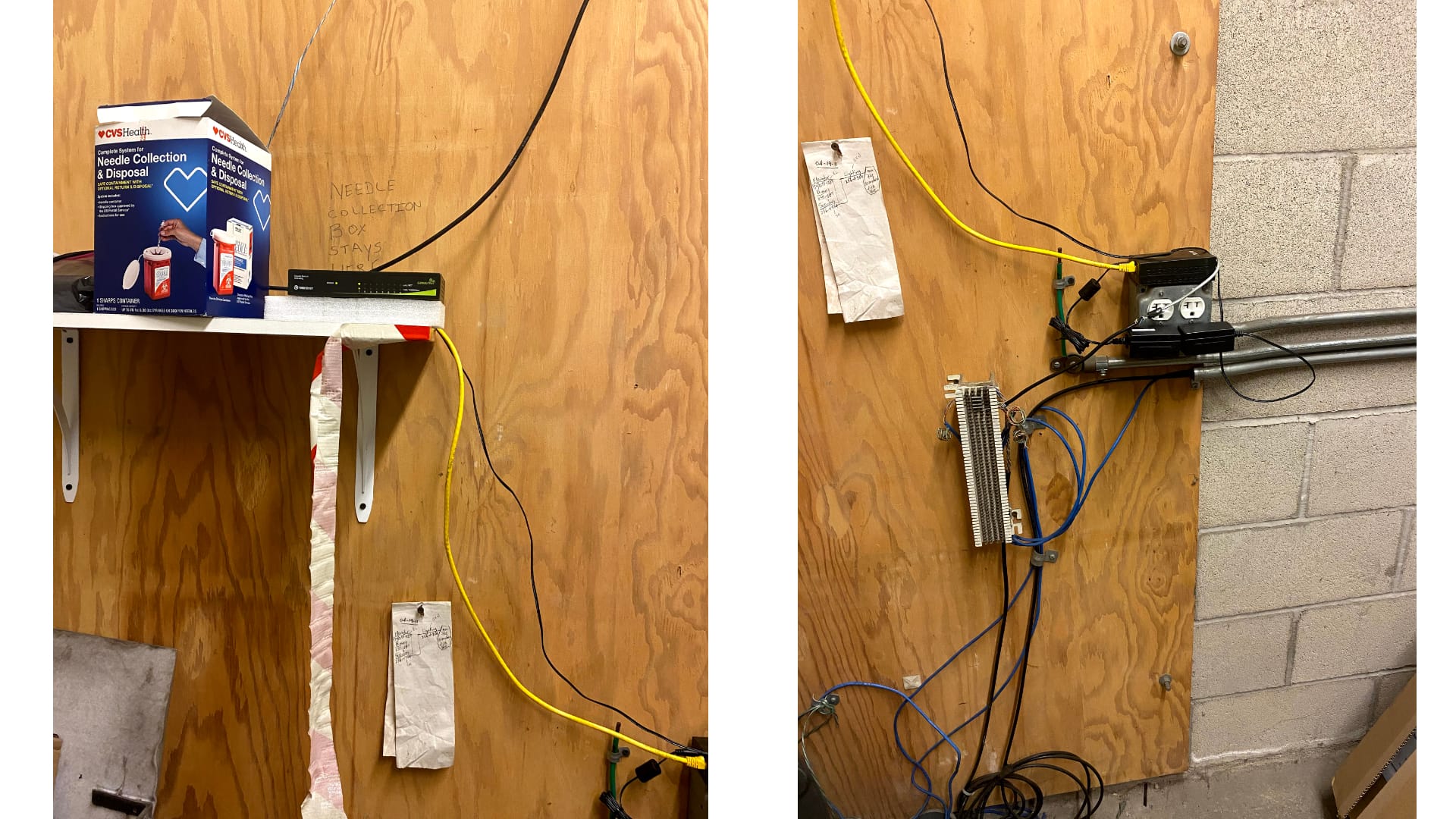 Electrical room in the parking structure that has a DSL receiver conencted to a phone block and switch