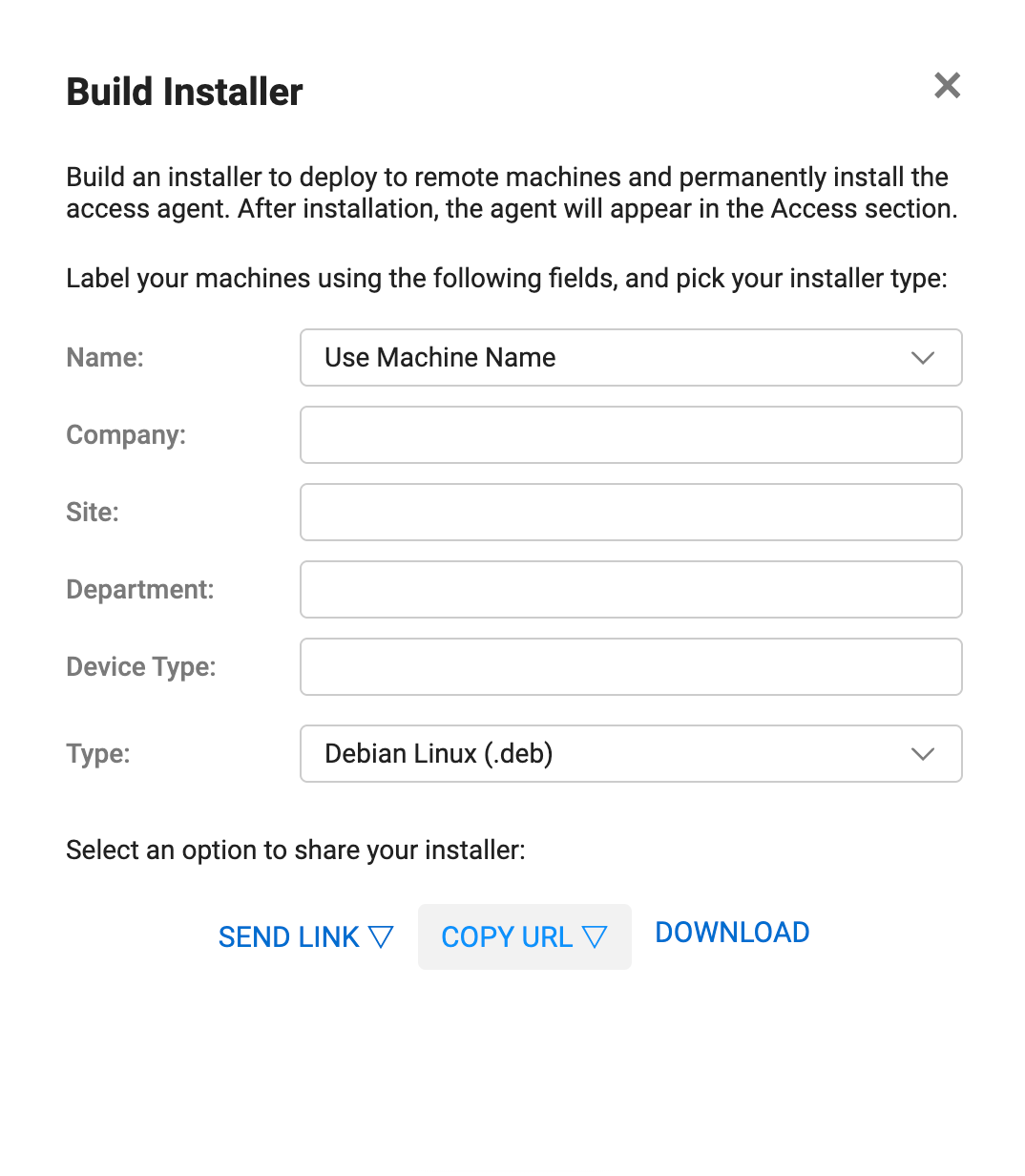 Build Installer screen in ConnectWise ScreenConnect showing Debian Linux (.deb) agent selection