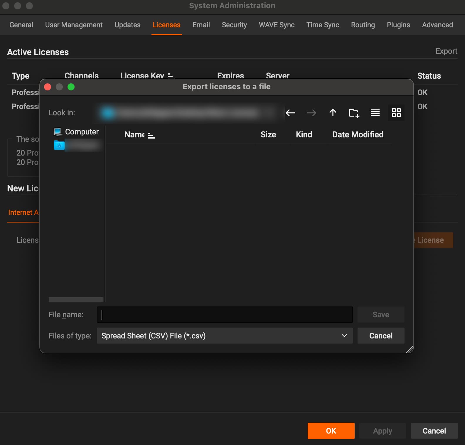 Wave VMS license export screen showing CSV export option in System Administration