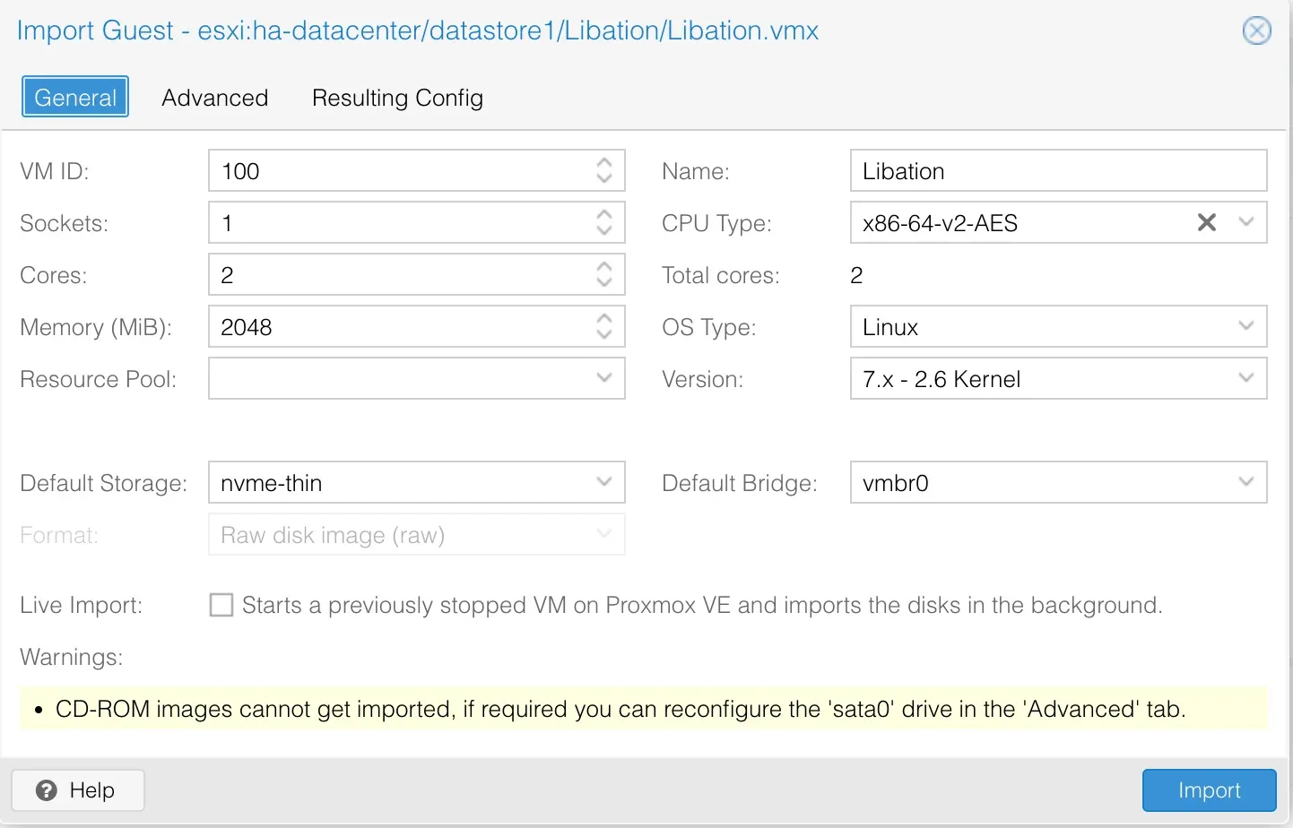 Proxmox Import Guest dialog, General tab, for the Libation VM: VM ID 100, 1 socket, 2 cores, 2048 MiB of memory, CPU type x86-64-v2-AES, default storage nvme-thin, bridge vmbr0, with a warning that CD-ROM images cannot be imported.