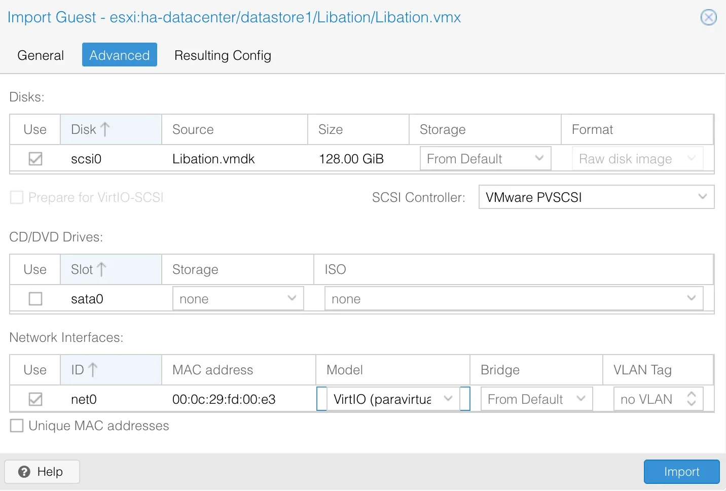 Proxmox Import Guest dialog, Advanced tab, showing the 128 GiB scsi0 disk, VMware PVSCSI controller, an unused CD drive, and the network card with its original MAC address.