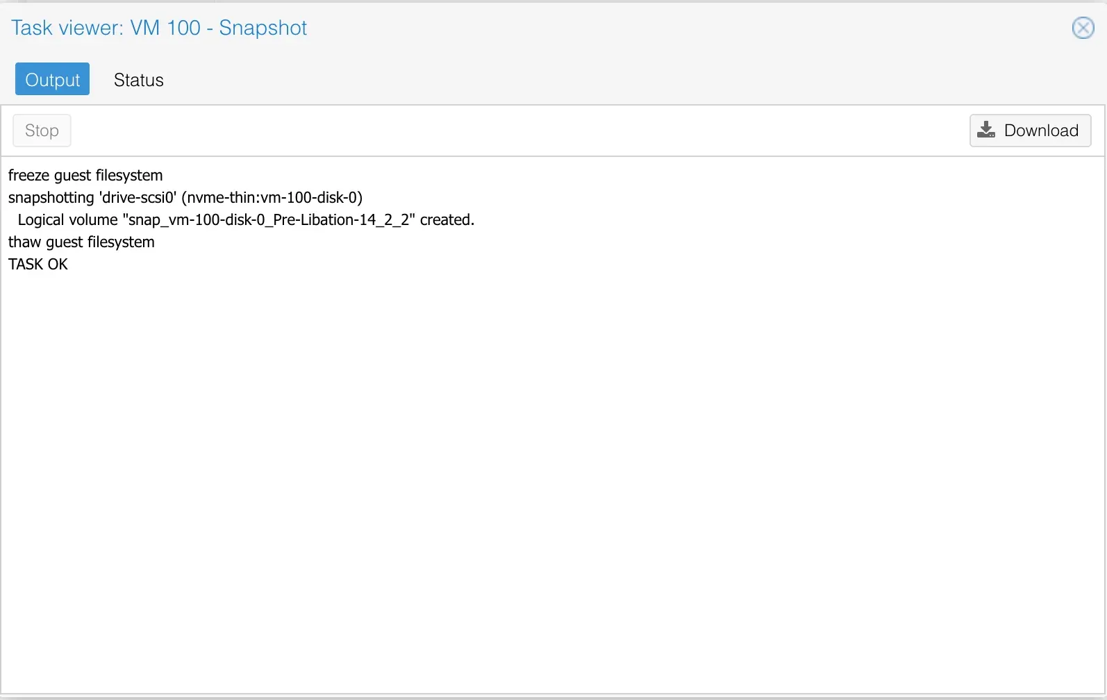 Proxmox snapshot task log showing “freeze guest filesystem” and “thaw guest filesystem”, completing in 9.1 seconds.