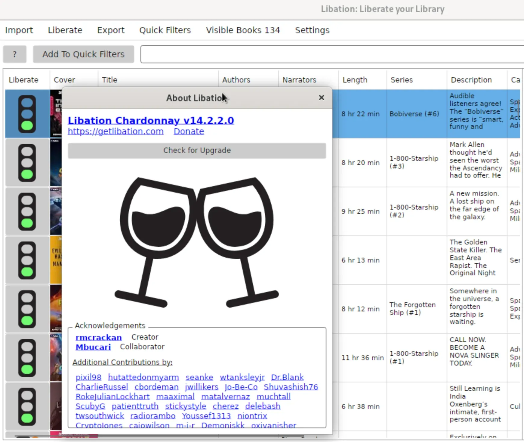 Libation’s library list of audiobooks, with the About dialog showing version 14.2.2.