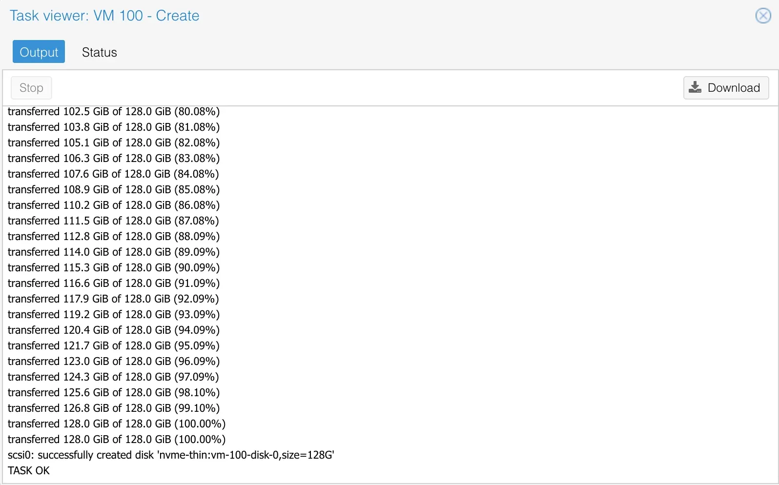Proxmox task log for the ESXi import at 100 percent, ending in TASK OK, with the task status showing a duration of 30 minutes 40 seconds.
