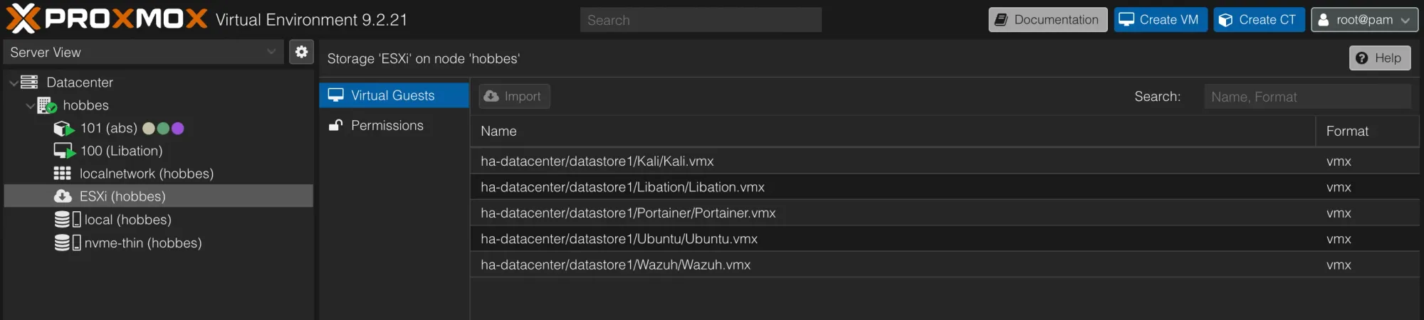 Proxmox VE with the ESXi storage selected, listing five VMs (Kali, Libation, Portainer, Ubuntu and Wazuh) under Virtual Guests.